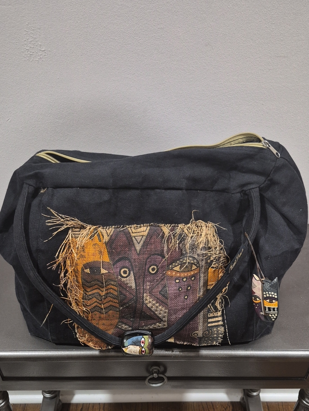 Laurel Burch Large Black Canvas Weekender Messenger Bag with Tribal Patch Detail